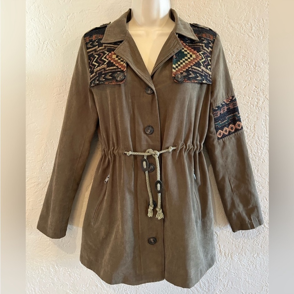 Olive green faux suede women's lined jacket with Aztec design size S
